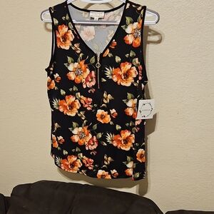 Floral Sleeveless V-Neck Blouse - Black and Orange